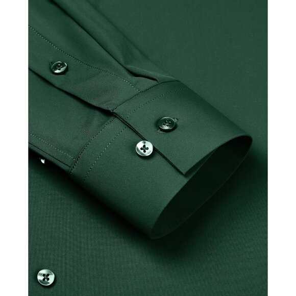 Men's Green Long Sleeve Slim Muscle Fit Wrinkle Free Button Down Dress Shirts - Picture 3 of 8